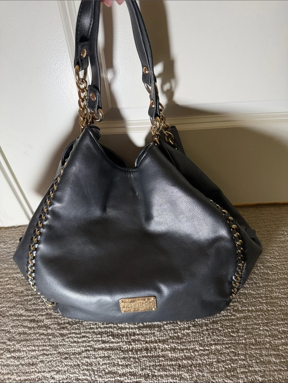 bebe Black Leather Hobo with Gold Chain Trim